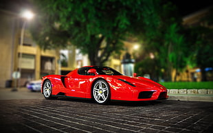 red coupe, Enzo Ferrari, red cars, Ferrari, lights
