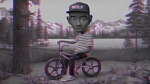 illustration of man with bicycle, anaglyph 3D, hip hop, Tyler the Creator