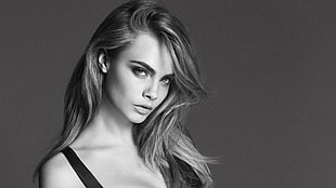 grayscale photo of a woman, face, Cara Delevingne, women, model HD wallpaper