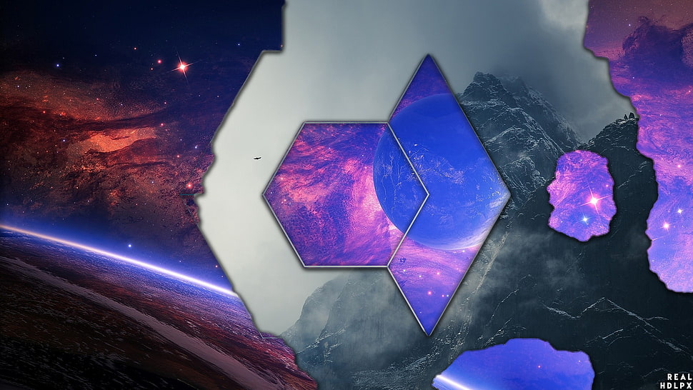 purple and gray neon wallpaper, space, square, mountain pass HD wallpaper