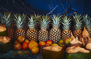 pile of pineapples, Pineapple, Fruit, Coconuts