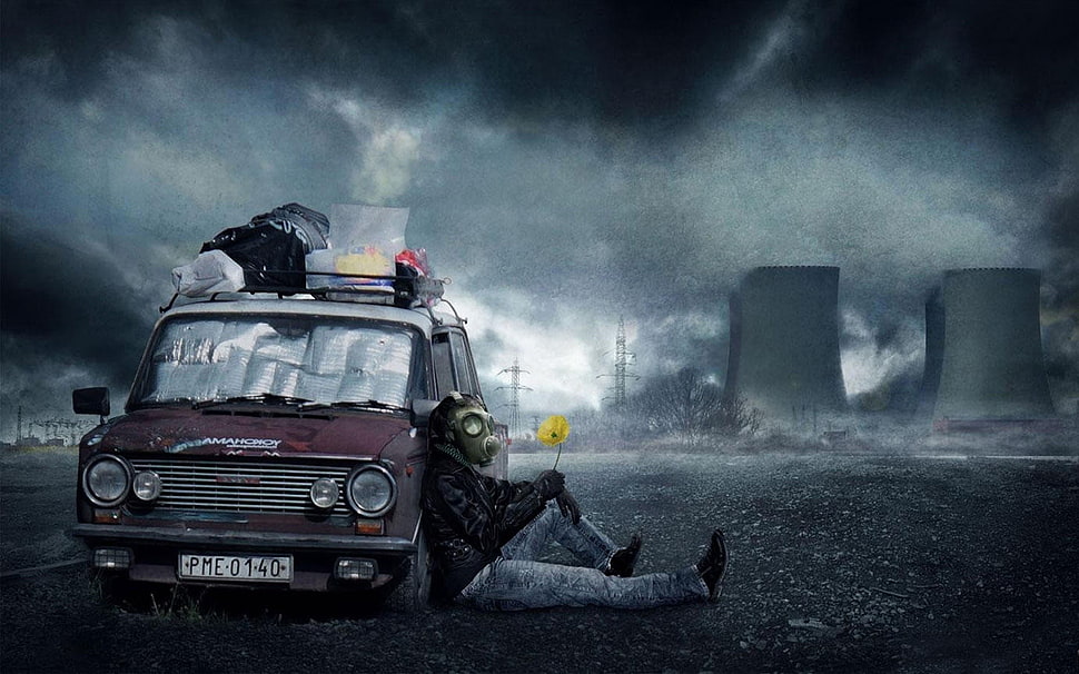 maroon sedan, apocalyptic, Fallout, road, nuclear HD wallpaper