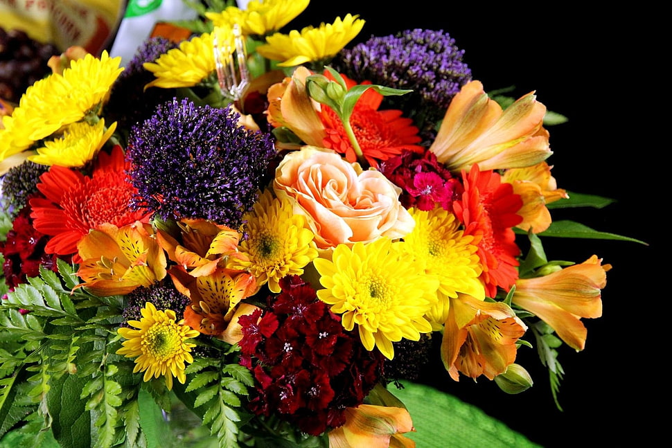 yellow and orange Chrysanthemums with yellow Lilies and purple Alliums bouquet HD wallpaper