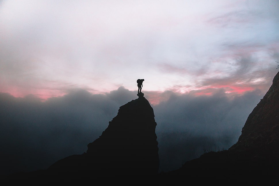 mountain range, mountains, cliff, men, clouds HD wallpaper