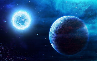 planet Earth and sun illustration, planet, science fiction, space, space art