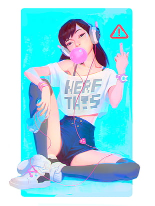 brown-haired female wearing white crop top and blue shorts blowing bubble gum illustration, Overwatch, D.Va (Overwatch), Jason Chan HD wallpaper