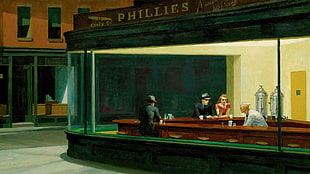 brown wooden framed glass display cabinet, artwork, painting, diner, Edward Hopper