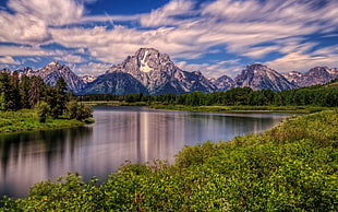 body of water with snow-capped mountain at distance, landscape, lake, Grand Teton National Park, mount moran