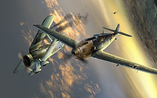 biplane and monoplane flying on sky illustration HD wallpaper