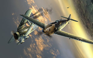 biplane and monoplane flying on sky illustration