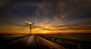 two windmills, sky, sunlight, landscape, dark HD wallpaper