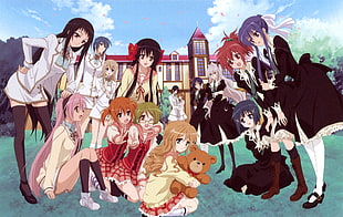 group of female anime characters in school uniform and maid attires