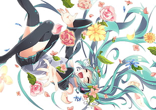 white, green, and red floral textile, Vocaloid, Hatsune Miku