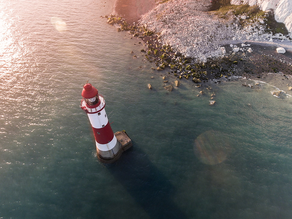 white and red lighthouse, nature, lighthouse, shore, landscape HD wallpaper
