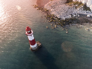 white and red lighthouse, nature, lighthouse, shore, landscape
