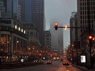black traffic light, city, street, New York City, mist