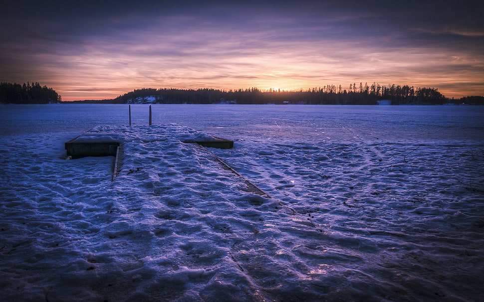 brown boat, frozen lake, snow HD wallpaper