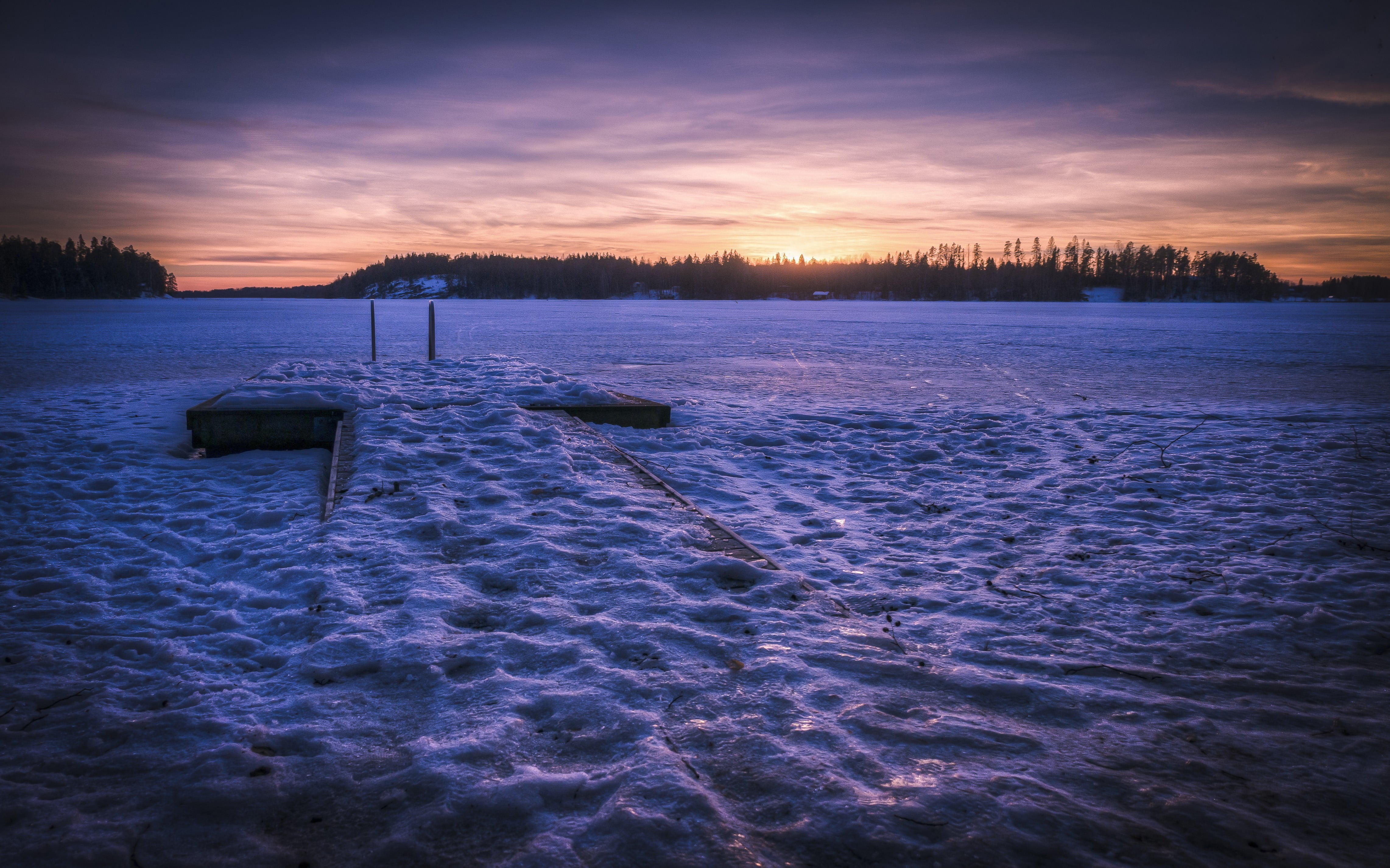 brown boat, frozen lake, snow
