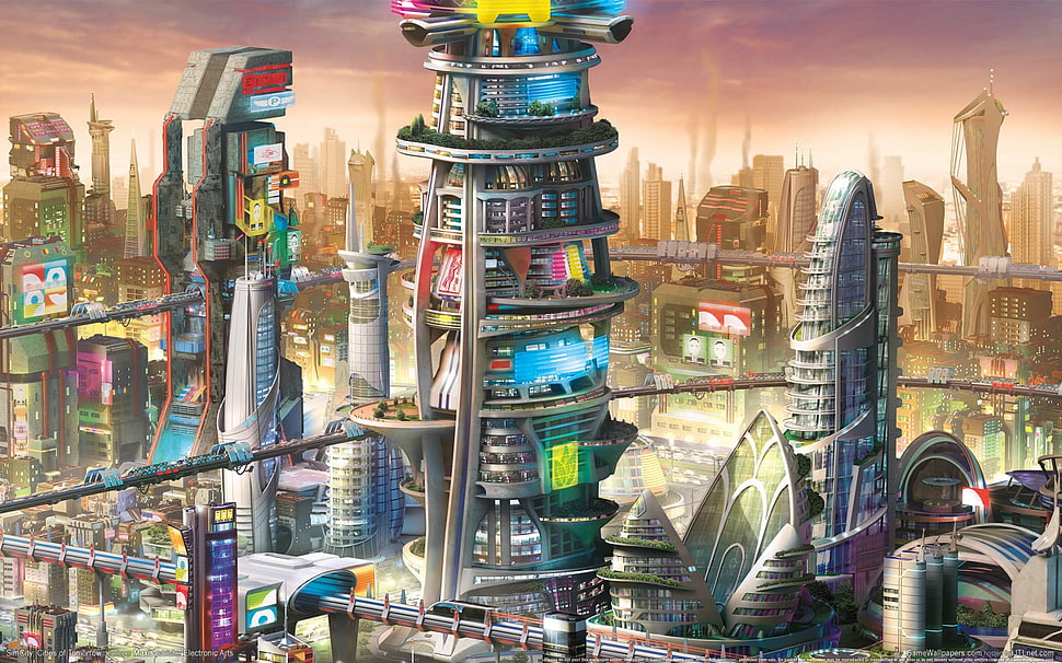 Futuristic city illustration HD wallpaper