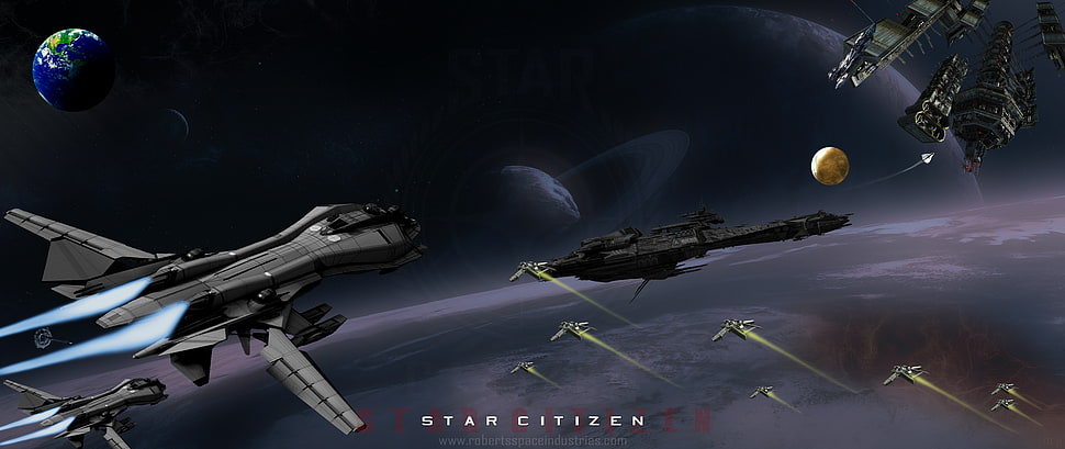 aircraft flying over earth wallpaper, Star Citizen, space, planet, spaceship HD wallpaper