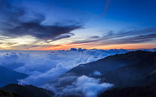 white and blue boat painting, clouds, mountains