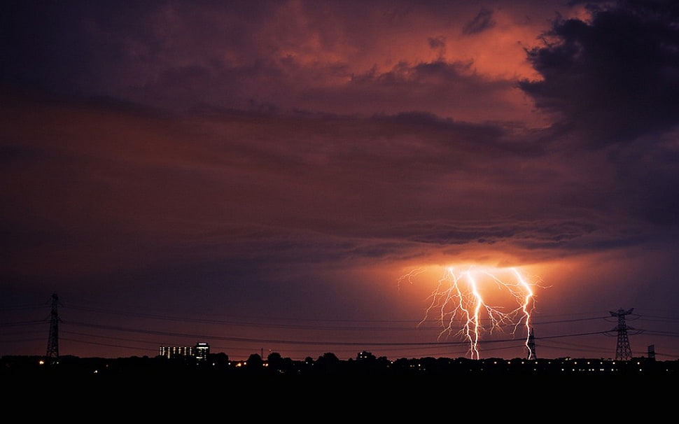 black metal power post, nature, landscape, lightning, clouds HD wallpaper
