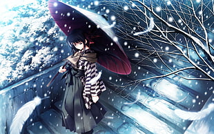 black haired female anime character in dress holding umbrella walking on stairs during winter