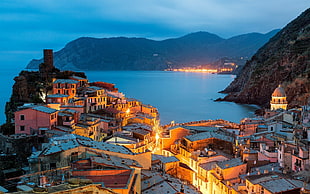 Cinque Teri, Italy, cityscape, building, sea, lights