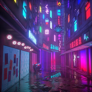 street with assorted-color neon light signage