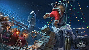 Santa climbing on ship pipe during Christmas painting HD wallpaper