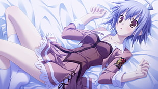 blue hair anime character lying on white surfac e