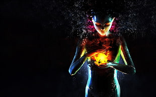 person holding flame digital wallpaper, digital art