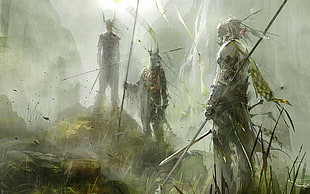three assassins characters, fantasy art, warrior, spear, green