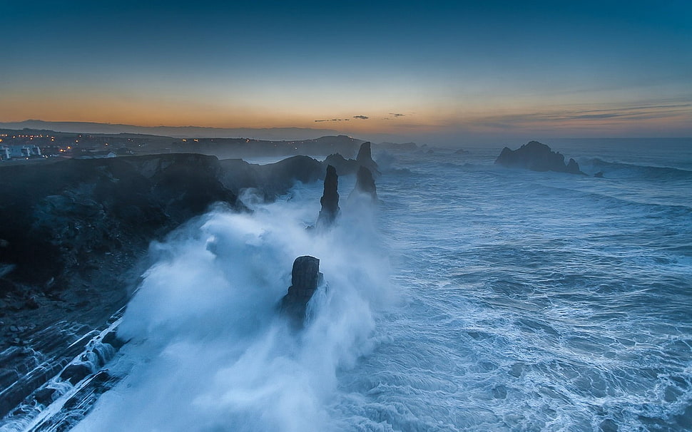 rock formations, nature, landscape, waves, sunset HD wallpaper