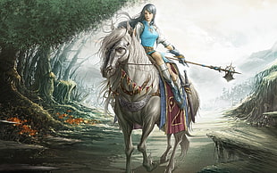 woman riding on white horse illustration