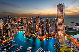 gray building, city, water, sky, Dubai