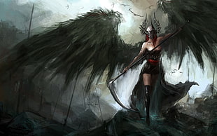 woman with black wings holding gray scythe HD wallpaper