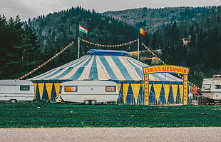 white camper trailer, Marquee, Circus, Entertainment