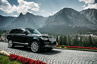 photo of black sports utility vehicle with mountain as background