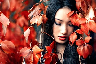 woman under red leaf plant closeup photography