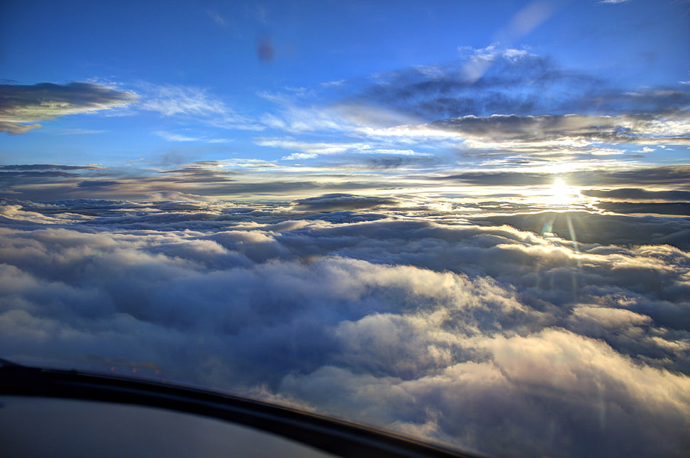 white clouds, clouds, sunset, airplane HD wallpaper