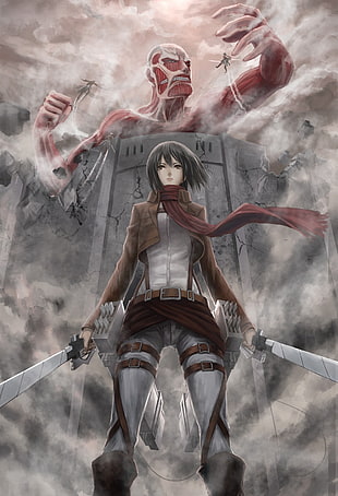 Shingeki no Kyojin, Mikasa Ackerman, Colossal Titan HD wallpaper