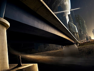 gray concrete bridge, bridge, artwork, science fiction, futuristic