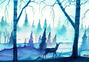 watercolor, deer, blue, forest HD wallpaper