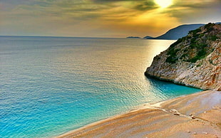 calm seashore during golden hour, landscape, nature, sunset, Turkey HD wallpaper