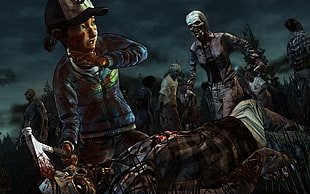 girl in white mesh cap surrounded by zombies illustration
