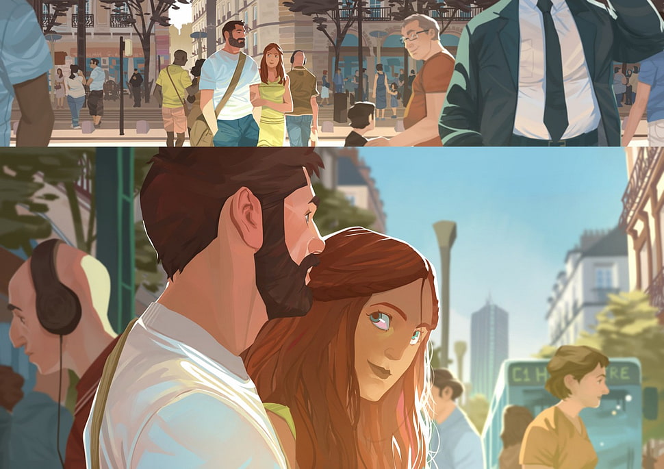 animated illustration of people on street collage, artwork HD wallpaper