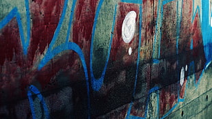 blue and black wooden cabinet, red, wall, graffiti, urban