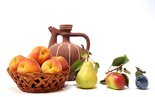 plum, apple, pear, basket of peaches, and brown jar