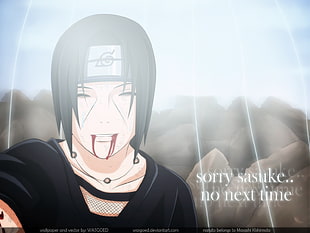 Uchiha Itachi illustration with text overlay from Naruto, anime, Naruto Shippuuden, Uchiha Itachi